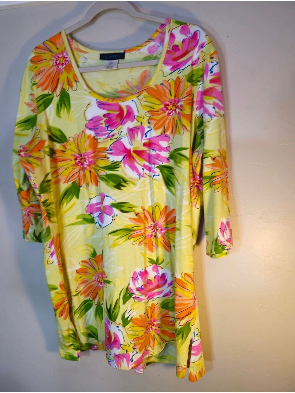 Ulla Popken Yellow Floral Scoop Neck Short Sleeve Tee 100% Cotton Tunic/cover Up